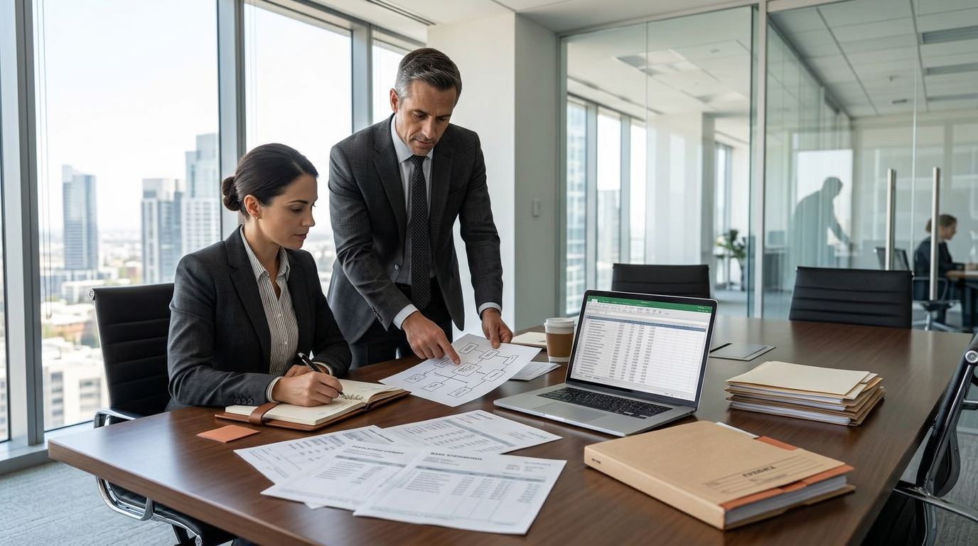 Financial crime investigators reviewing transaction records and evidence in a contemporary office